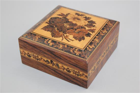 A Tunbridge ware rosewood floral bouquet mosaic handkerchief box, 6in.